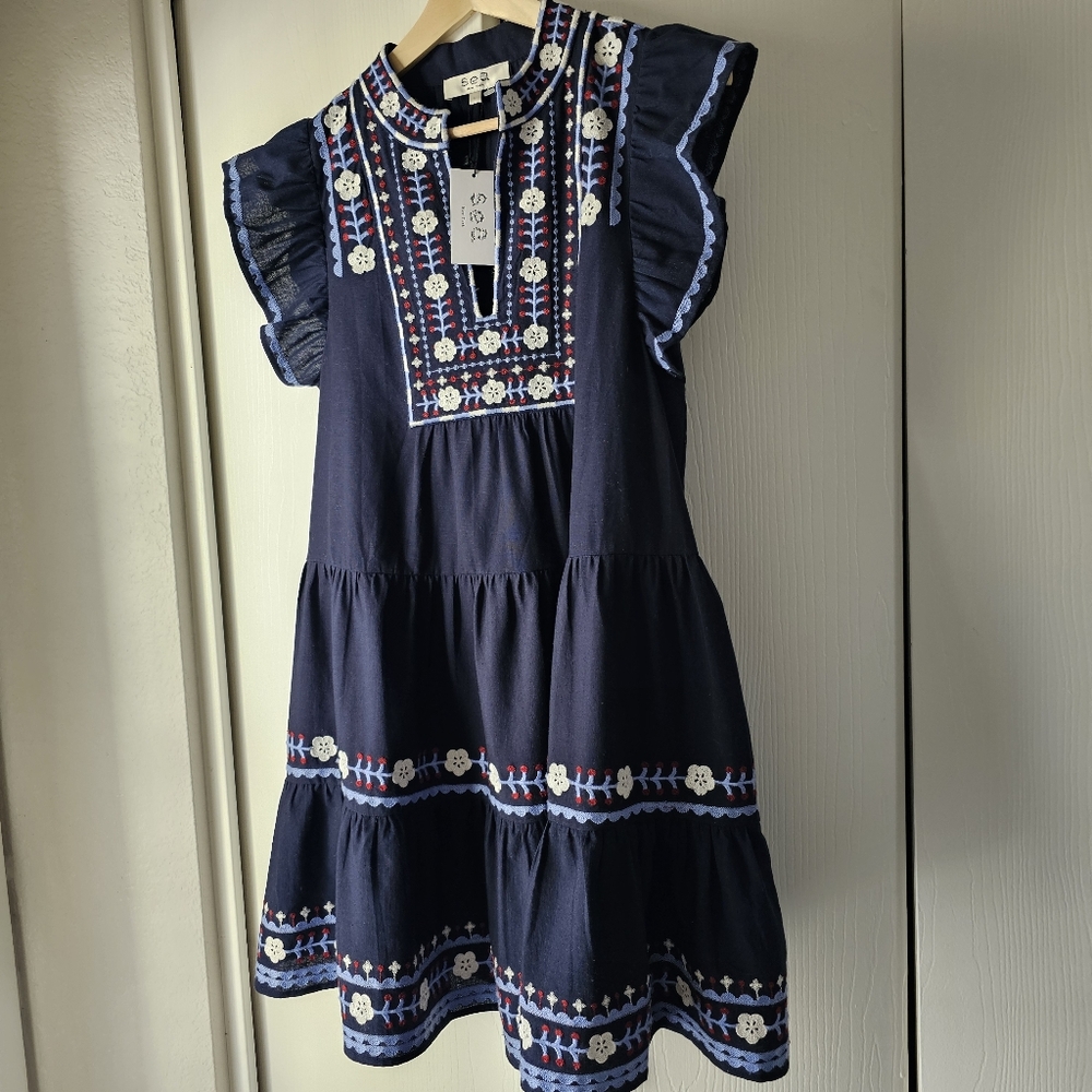 Sea New York Navy Embroidery Flutter Sleeve Mini Dress Sz L NWT - Picture 5 of 9